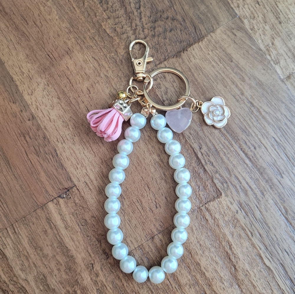 NWT Gold Tone Pink Quartz Keychain Or Purse Charm